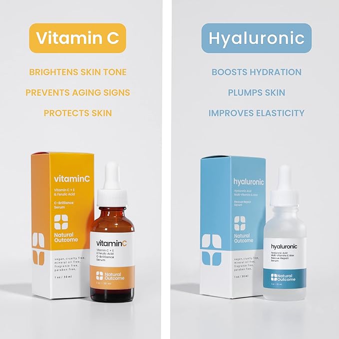 Natural Outcome Face Serum Set Hydrating Hyaluronic Acid and Vitamin C Face - Pack of Two Anti Aging Facial Serum Kit 1 oz Each, Vegan, Cruelty Free & Fragrance Free