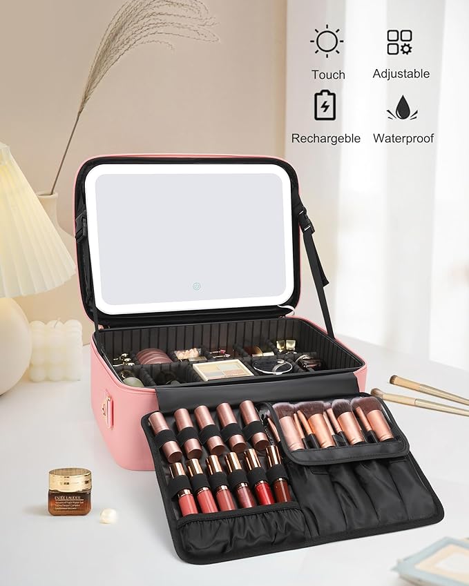 Relavel Makeup Bag with LED Mirror, 15 inches Large Makeup Case with Lighted Up Mirror Travel Cosmetic Train Case Organizer Vanity Case for Makeup Artists, 3 Color Lights & Adjustable Dividers (Pink)