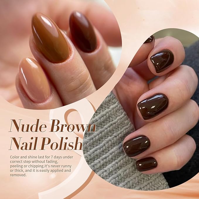 Born Pretty Brown Nail Polish Quick Dry, 6 Colors Fall Nude Brown Caramel Coffee Chestnuts Chocolate Glitter Nail Polish Neutral Beige Khaki Fingernail Polish All Seasons Nail Art DIY Home Salon Gift