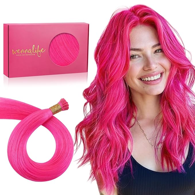 WENNALIFE I Tip Hair Extensions 16 Inch Hot Pink Remy Itip Human Hair Extensions, 50g 100s Invisible Straight Fusion for Women