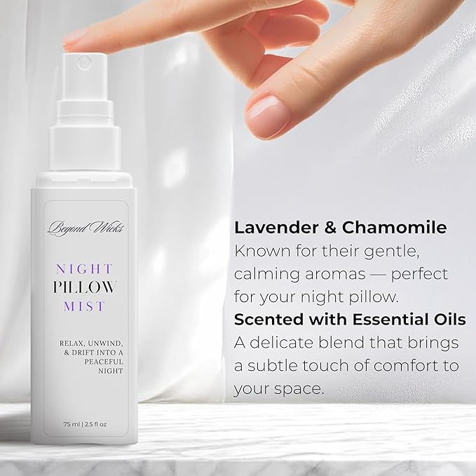 Pillow Spray – Lavender Chamomile Sleep Spray with Essential Oils – Relaxing Aromatherapy Mist for Pillows, Bedding, and Linens – Nighttime Pillow Mist – 75ml (2.5 fl oz) by Beyond Wicks