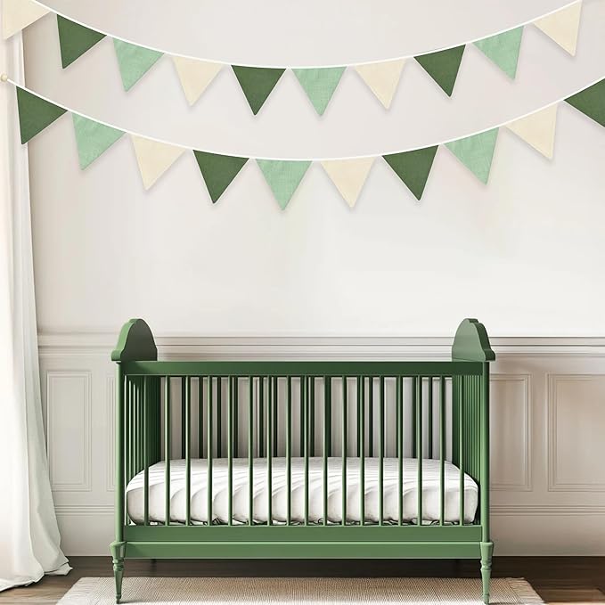 2 Sets of Sage Green Pennant Banner 24Pcs Nursery Garland Flags Olive Green Fabric Linen Triangle Streamers for Baby Room Decor Kids Jungle Safari Summer Birthday Baby Shower Boho Party Decorations
