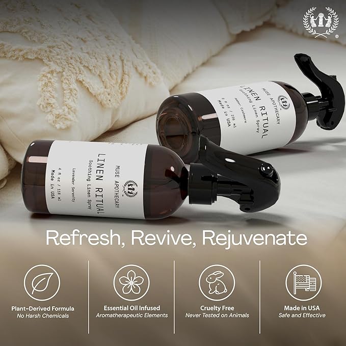 Muse Apothecary Linen Ritual - Aromatic, Soothing, and Relaxing Linen Mist, Laundry and Fabric Spray - Infused with Aromatherapy Essential Oils - 8 oz, Amber Cashmere, 2 Pack