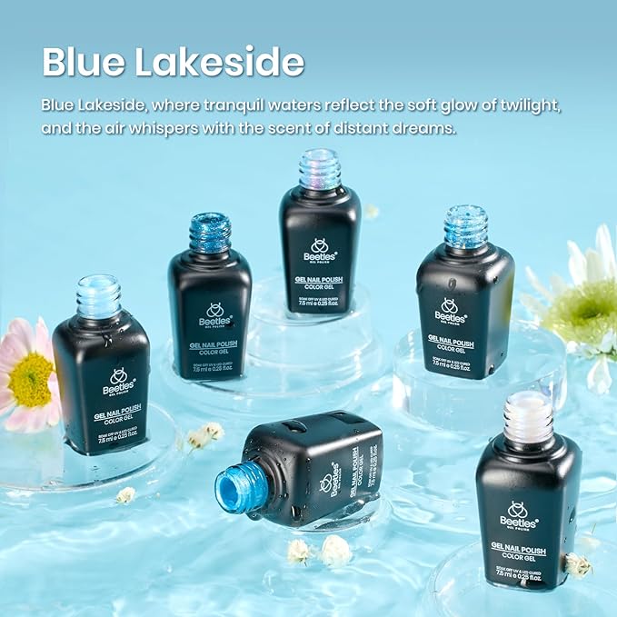 Beetles Blue Gel Nail Polish Set, 6 Colors Shimmer Glitter Jelly Gel Polish Chameleon Pearl White Swirl Shell Thread Effect Winter Nails Ice Blue Collection Soak Off UV Gift for Women