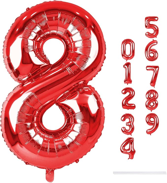 Red Foil Balloon Number 8 for Boys, 40'' Giant Self Inflating Number Balloons Set 0-9, Large Number 8 Helium Balloon for Girls Women 8th Birthday Graduation Anniversary Party Decorations Supplies