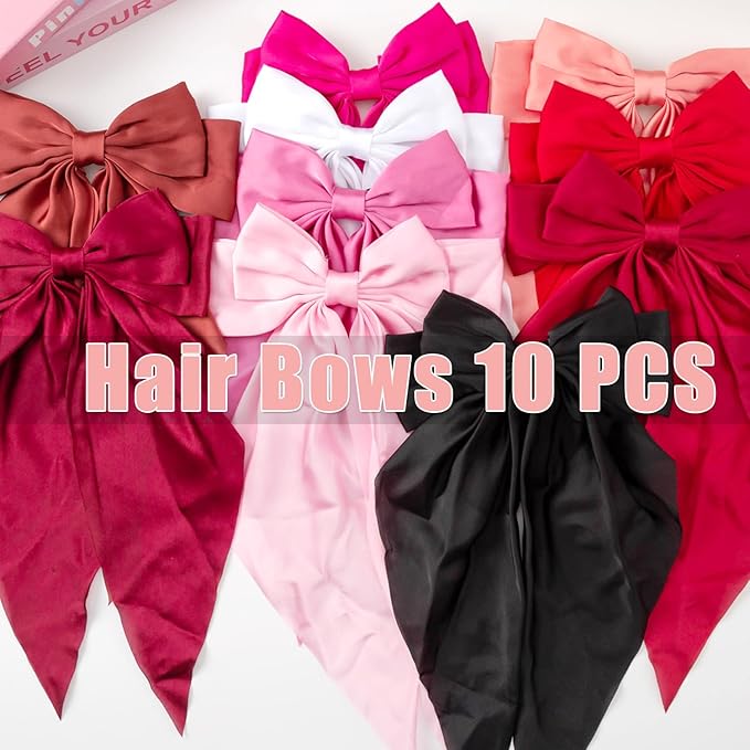 10 PCS Hair Bows,Big Bows for Girls and Womens,Hair Bows for Womens,Hair Ribbons,Large Hair Bow for Women,Big Hair Bow,Bows for Women,Oversized Long-tail Cute Aesthetic Hair Accessories(Red Series)