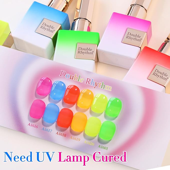 Double Rhythm 6 Pcs 15 ML Gel Polish Set Same Color Same Bottle Soak Off Gel Polish Kit Nail Art Manicure Salon DIY at Home for Women (Jelly Neon Pink Blue Red Green-T6-26)