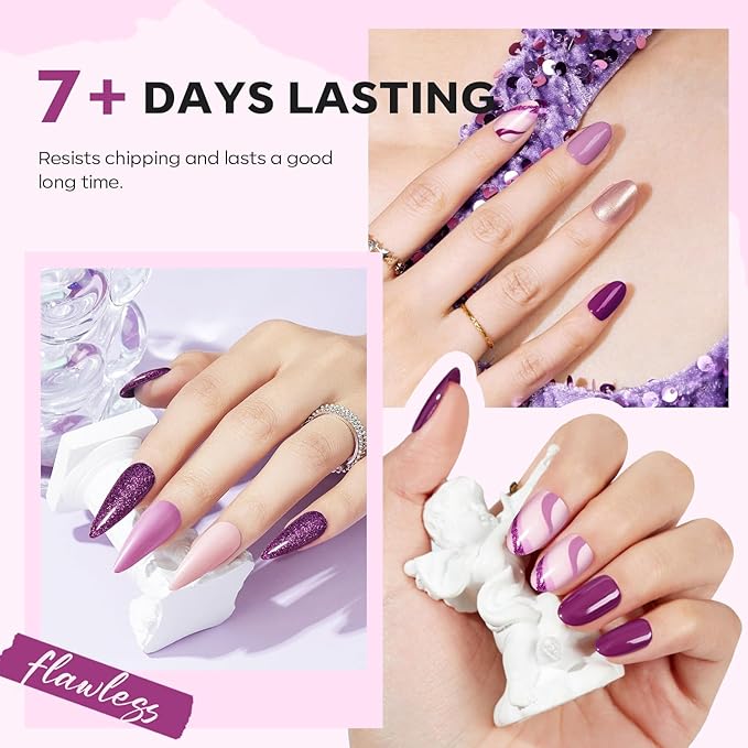 modelones Purple Nail Polish Set 6 Colors, Glitter Pink Shimmer Sparkle Mini Nail Lacquer Kit, Infinite Shine Quick Dry Long Lasting Nail Art DIY Home Salon Manicure Gift for Women Girls