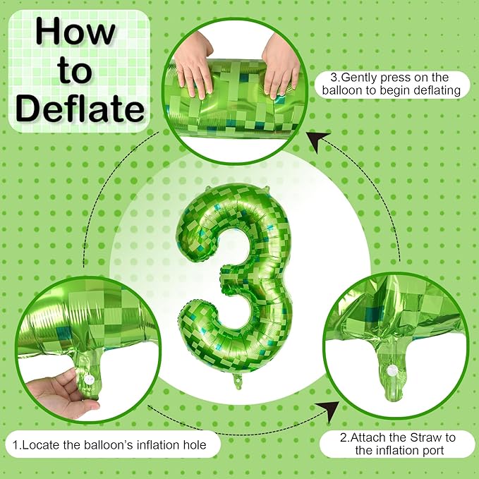 3rd Birthday Balloons for Boys, Large Lime Green Pixel Number 3 Balloon, 40'' Dark Kelly Green Foil 3 Balloon Number for Kids Three Year Old Birthday Video Game Forest Patrick's Day Party Decorations