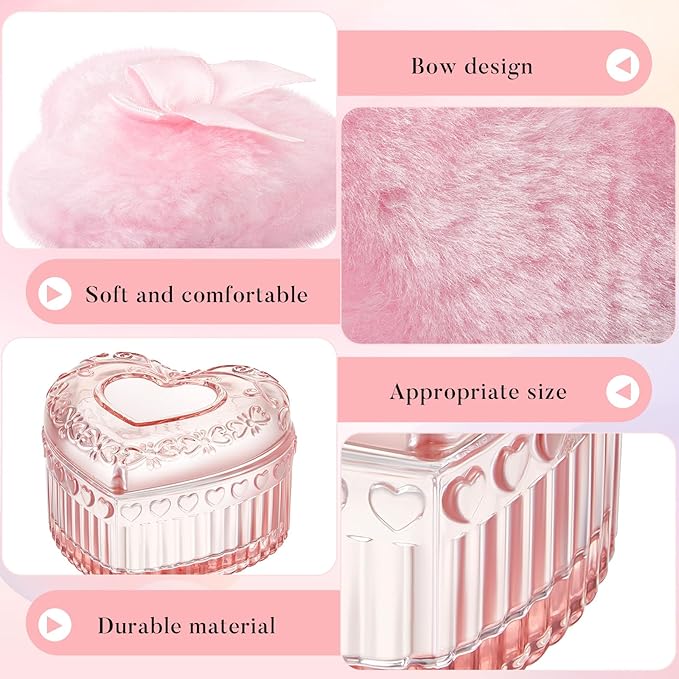 Tioncy 3 Pcs Large Body Powder Puff and Container Powder Container with Puff Crystal Soft Washable Reusable Velour Face Glitter Wet Dry Makeup(Pink,Heart)