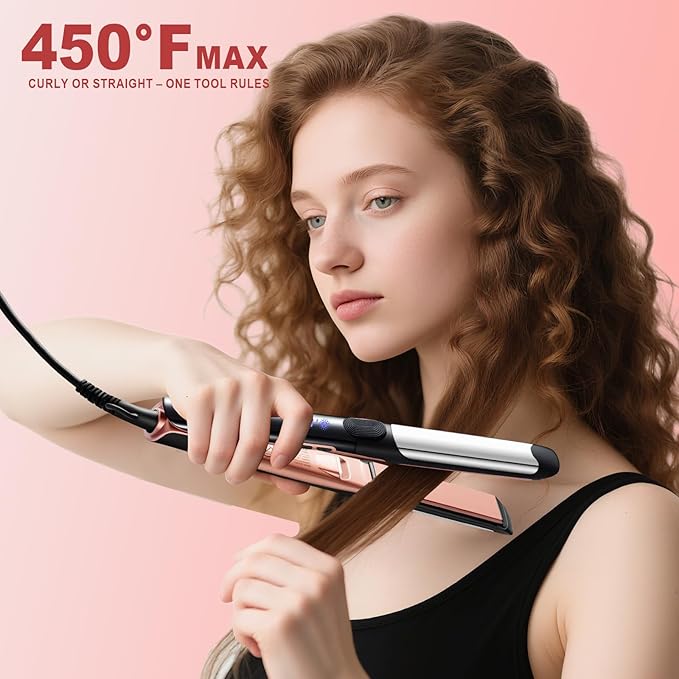 1 Inch Flat Iron Hair Straightener and Titanium Curler 2 in 1 | Dual Voltage Smart 3D Ceramic Floating Plates Ionic Straightener,8 Temps Settings Fast Heating & Heat Protection