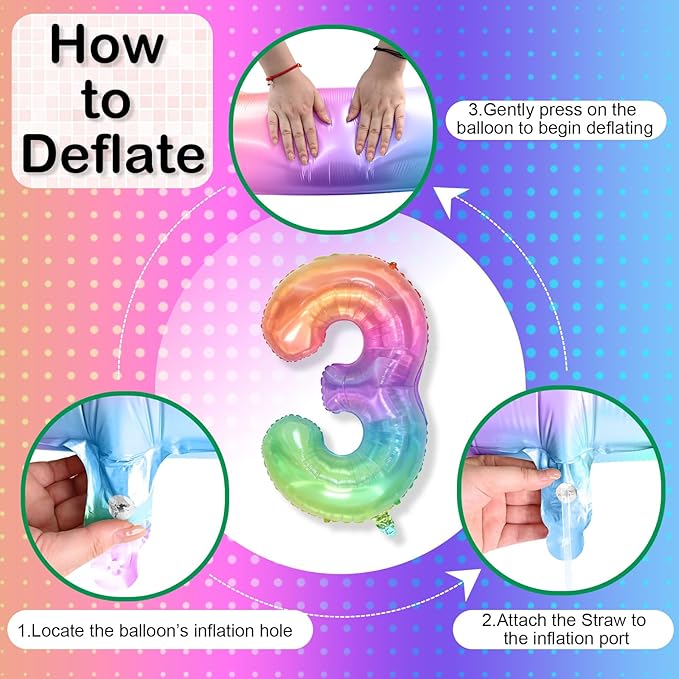 3rd Birthday Balloons for Boys, 40 Inch Foil Self Inflating Rainbow Number 3 Balloon, Large Mylar Colorful Multicolor 3 Balloon Number for Kids 3 Yeal Old Birthday Party Decor Anniversary Decorations