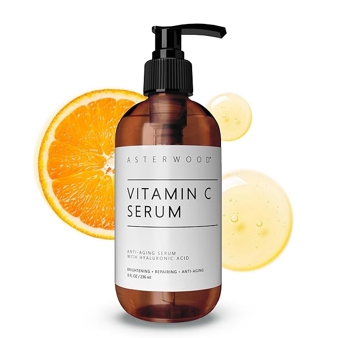 Asterwood Vitamin C Face Serum - with Hyaluronic Acid - Smoothing, Hydrating, Stimulates Collagen Production - Fragrance-Free - 8 Fl Oz