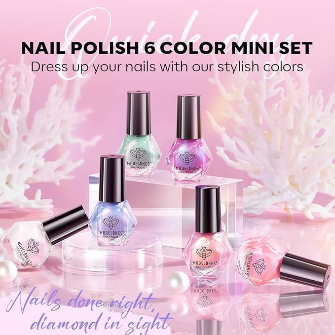 modelones Nail Polish Set, 6 Colors Shimmer Pearl Chrome White Pink Mermaid Purple Quick Dry Nail Polish Kit Fingernail Polish 2025 Manicure DIY Salon Home Gifts for Women Girl