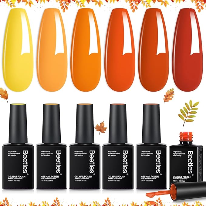 beetles Fall Orange Gel Polish Set, 6 Colors Red Yellow Orange Gel Nail Polish Set Twilight Warmth Collection Uv Gel Nail Art Manicure Gift for Women