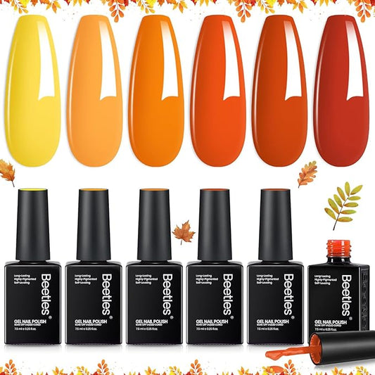 beetles Fall Orange Gel Polish Set, 6 Colors Red Yellow Orange Gel Nail Polish Set Twilight Warmth Collection Uv Gel Nail Art Manicure Gift for Women