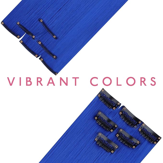 WENNALIFE 12 PCS Blue Hair Extensions Clip in, Colored Clip in Hair Extensions for Kids Highlights Rainbow Hair Clips for Girls Synthetic Straight Pop-up Style Colorful Festival Girls Hair Accessories