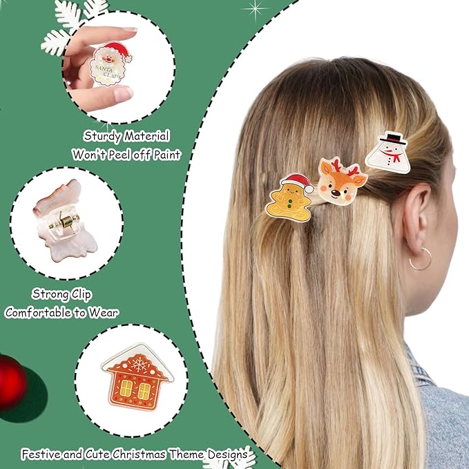 12 Pcs Christmas Claw Clips,Mini Hair Clips for Women Santa Claus Xmas Hat Gift Snowman Design Strong Hold Non Slip Small Hair Claws for Thick and Thin Hair Hairstyles