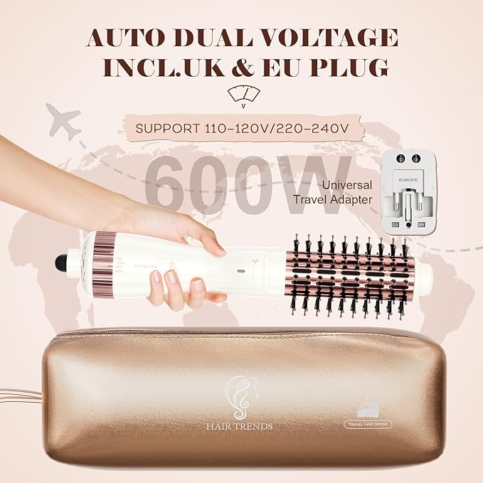 1.5 Inch Barrel (2.8โโ Plus Bristles) Dual Voltage(110~250V) Round Brush Blow Dryer, Hair Dryer Brush with European Plug Adapter, 4-in-1 Negative Ionic One Step Volumizer Dryer