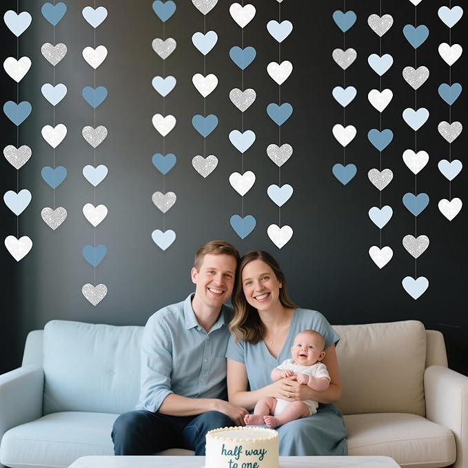 Silver Blue White Heart Party Decorations Dusty Blue Glitter Paper Silver White Love Heart Hanging Garland Streamer Banner for Birthday Baby Shower Valentines Day Anniversary Wedding Party Supplies