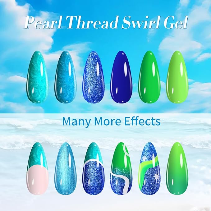 BORN PRETTY 6 Colors Shimmer Swirl Pacific Blue Glitter Blue Green Gel Polish Swirl Shell Thread Effect Soak Off Nail Art Design Salon Home Manicure Gift