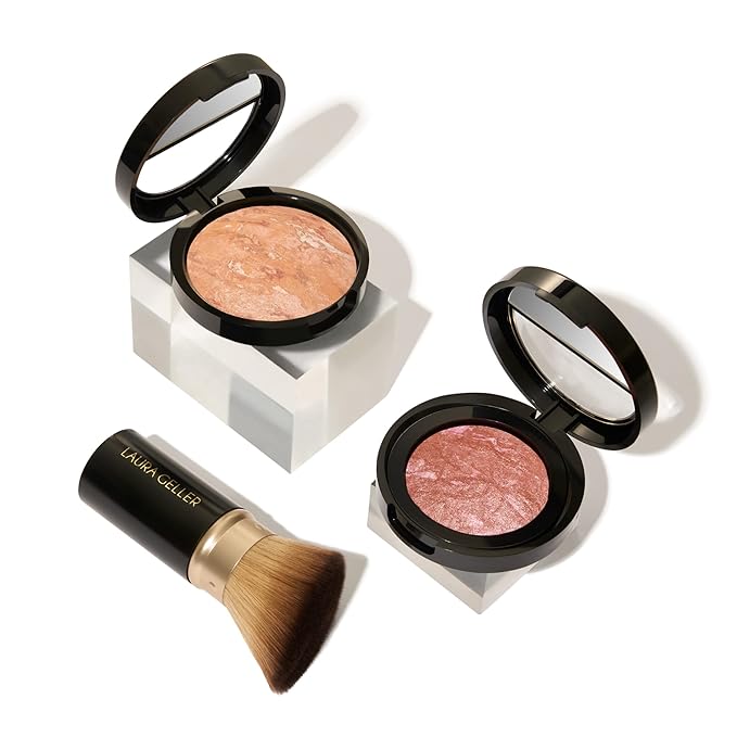 Blush-n-Glow Kit (3 PC): LAURA GELLER NEW YORK Baked Balance-N-Glow Illuminating CC Powder Foundation Light, Retractable Kabuki Brush, Baked Blush-N-Brighten Pink Grapefruit