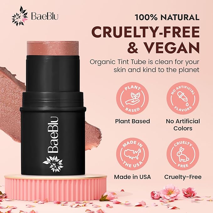 BaeBlu - Organic Blush Tube, Sangria - 100% Natural Vegan Cream Blush Sticks, Multi-Use Bronzer, & Highlighter for Lips, Cheeks & Eyes, Buildable Shimmer, Gluten-Free, Paraben-Free, Made in USA