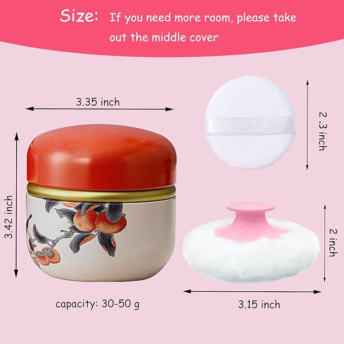 Body Powder Puff and Container for Dusting Powder, Women Powder Puff and Powder Case for Bath and Travel (Persimmon)