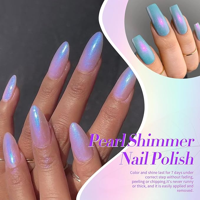 Born Pretty Pearl Nail Polish Set, 6 Colors Ombre Pearl Shimmer White Pink Purple Mermaid Nail Polish Quick Dry Spring Summer Finger 10ml 0.34oz Shell Glitter Nail Lacquer Set