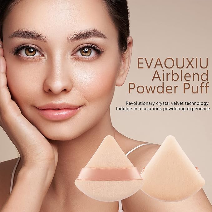 2 Pcs EVAOUXIU Triangle Powder Puff for Face Powder, Soft Plush Setting Powder Puff, Velour Cosmetic Foundation Blender Sponge Beauty Makeup Tools (Black&Nude)