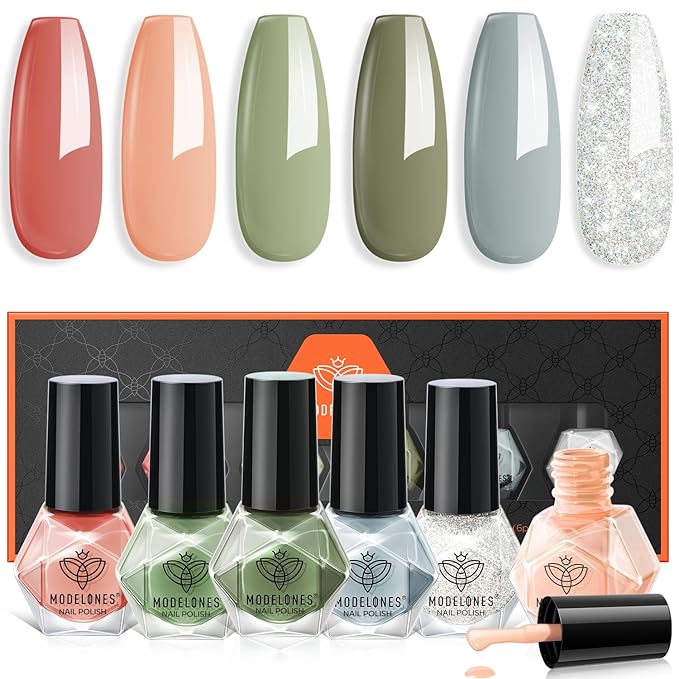 modelones Nail Polish Set 6 Colors Green Blue Nude Glitter Nail Polish Kit Quick Dry Finger Mini Bulk Manicure DIY Nail Art Salon Home Gifts For Women Girls