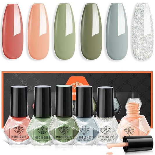 modelones Nail Polish Set 6 Colors Green Blue Nude Glitter Nail Polish Kit Quick Dry Finger Mini Bulk Manicure DIY Nail Art Salon Home Gifts For Women Girls