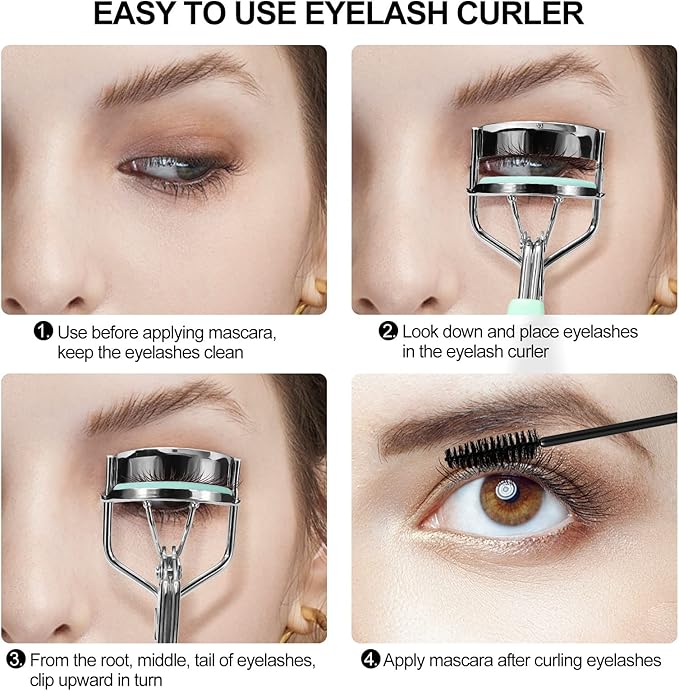 Eyelash Curler with Comb and Brush Fit All Eye Shape Curved Eyelash Curlers with 5PCS Silicone Refill Pad,Natural and Long Lasting Lash Curler for Women Make Up Gift(Green)