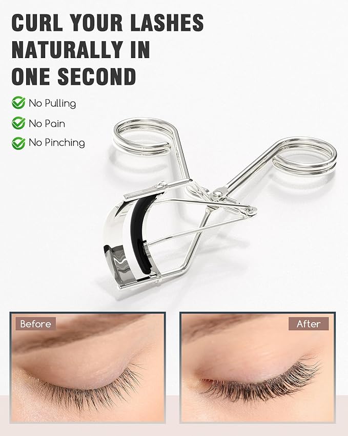 Eyelash Curler with Comb, Professional Volumizing Lash Lift Kit Lash Curler with Refill Pads for Home & Travel Uses, Silver