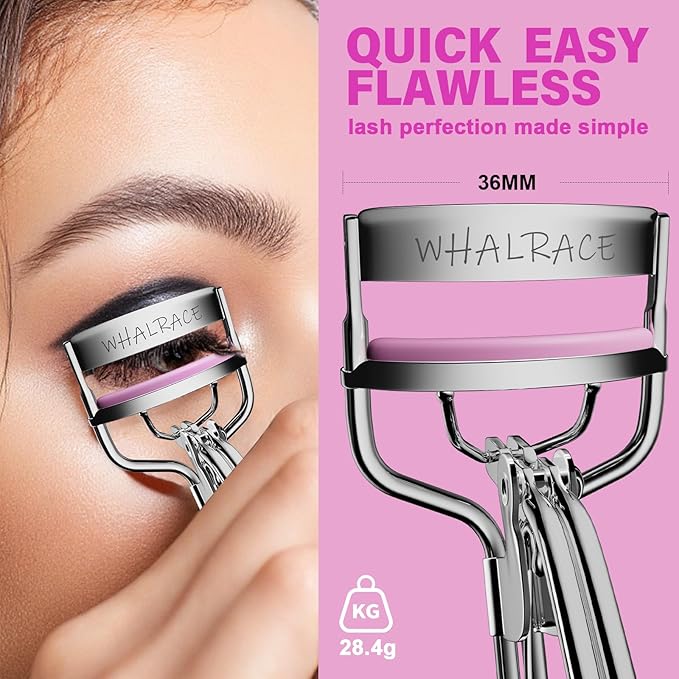 Eye Lash Curler with 6PCS Extra Replacement Strips, Whalrace Superior Curling Effect Eyelash Curlers, Easy & Comfortable to Grip and Use-Gpink