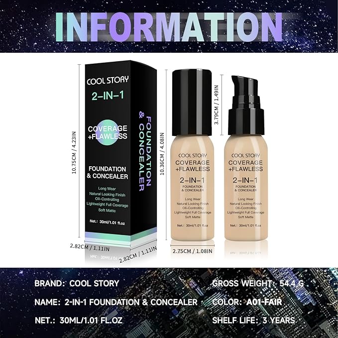 2-in-1 Foundation and Concealer Long Wear Natural Matte Finish Lightweight Coverage (Fair)