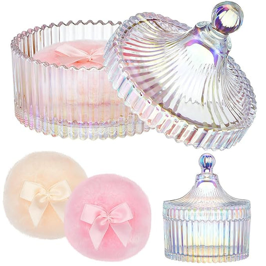Tioncy 3 Pcs Large Body Powder Puff and Container Powder Container with Puff Crystal Case Soft Washable Reusable Velour Face Body Glitter Wet Dry Makeup(Simple,Dazzling)