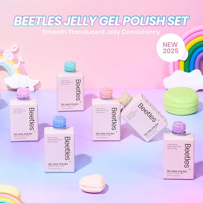 Beetles Pastel Gel Nail Polish Set, 6 Colors Jelly Gel Polish Kit Pink Blue Purple Orange Yellow Green Translucent Effect Soak Off UV Candy Sweet Collection French Nail Gift for Women