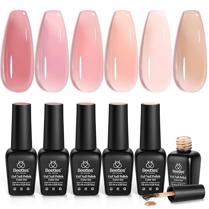 Beetles Jelly Gel Nail Polish Set, 6 Colors Jelly Gel Polish Kit Nude Pink Neutral Nail Art Design Sheer Translucent Gel Nail Kits Soak Off Uv Nail Lamp Cured Nail Manicure Gift for Women