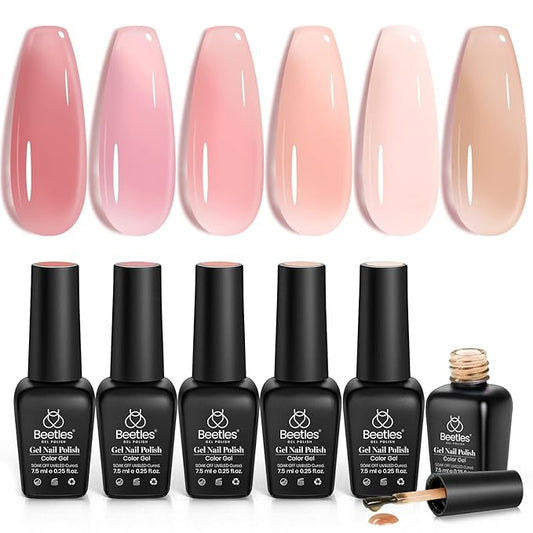Beetles Jelly Gel Nail Polish Set, 6 Colors Jelly Gel Polish Kit Nude Pink Neutral Nail Art Design Sheer Translucent Gel Nail Kits Soak Off Uv Nail Lamp Cured Nail Manicure Gift for Women