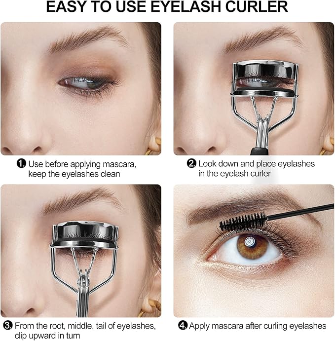 Eyelash Curler with Comb and Brush Fit All Eye Shape Curved Eyelash Curlers with 5PCS Silicone Refill Pad,Natural and Long Lasting Lash Curler for Women Make Up Gift(Black)