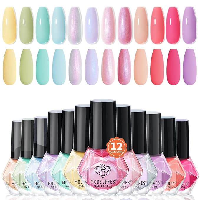 modelones Nail Polish Set, 12 Colors Spring Summer Blue Green Pink Nude Yellow Purple Pastel Quick Dry Mini Starter Kit Long Lasting Art DIY Manicure Set at Home for Women Girls 