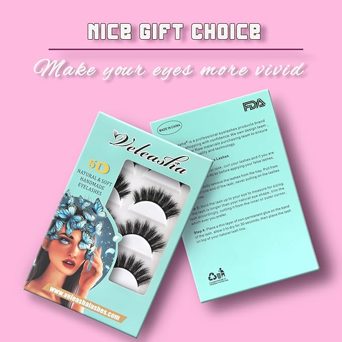 Veleasha Lashes 5D Faux Mink Lashes 100% Handmade Luxurious Volume Fake Eyelashes Lightweight Fluffy False Eyelashes 5 Pairs Pack (801)