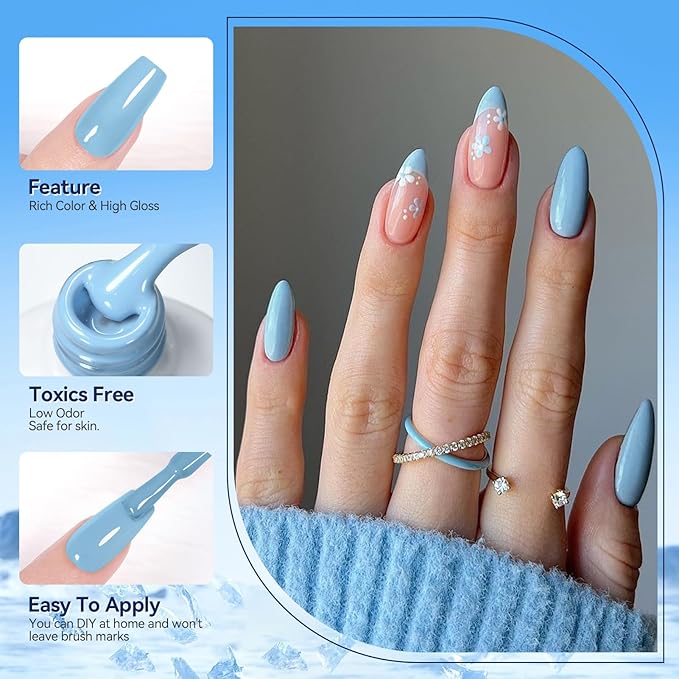 Born Pretty Blue Gel Nail Polish,Light Baby Sky Blue to Dark Navy Royal Shades 6 Colors Glitter Nail Gel Polish Kit Nail Art Manicure DIY Set Home and Salon Holiday Gifts