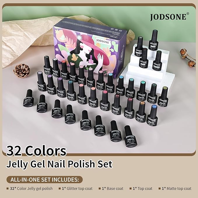 JODSONE Jelly Gel Nail Polish Kit 32 Classic Colors Crystal Transparent High Shine Base & Top Matte Glitter Coat