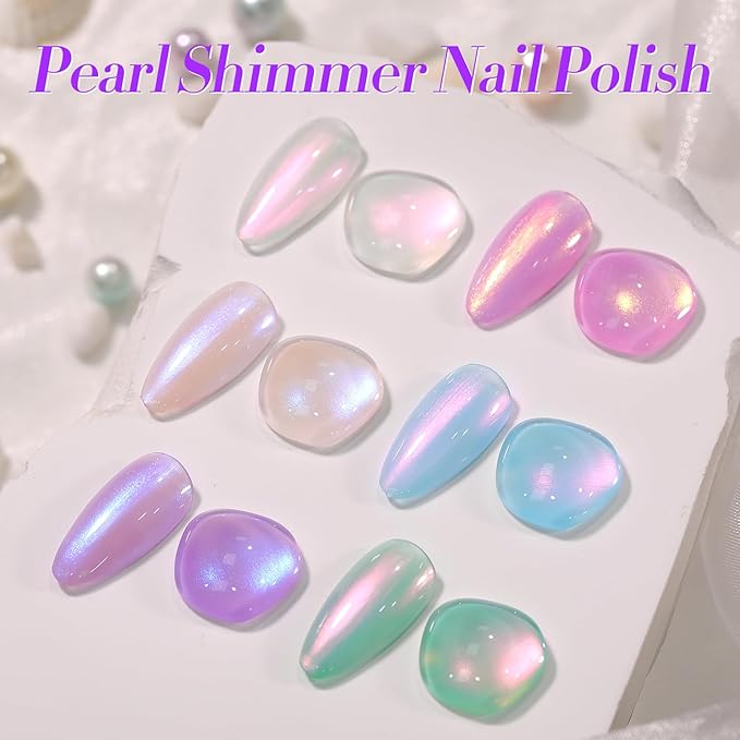 Born Pretty Pearl Nail Polish Set, 6 Colors Ombre Pearl Shimmer White Pink Purple Mermaid Nail Polish Quick Dry Spring Summer Finger 10ml 0.34oz Shell Glitter Nail Lacquer Set