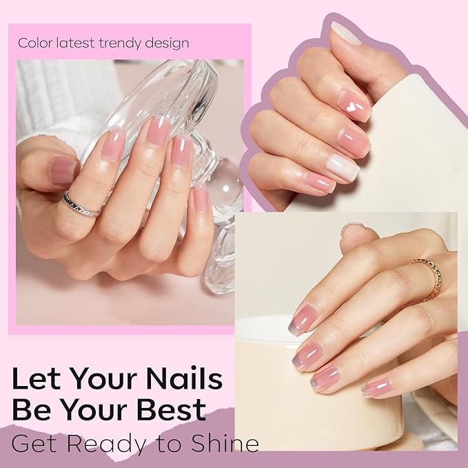 modelones Jelly Nail Polish Set 6 Colors, Milky White Pink Sheer Nude Quick Dry Mini Nail Lacquer Kit, Translucent Clear Transparent Peach Shimmer Manicure DIY Nail Art Spring Gift for Women Girls