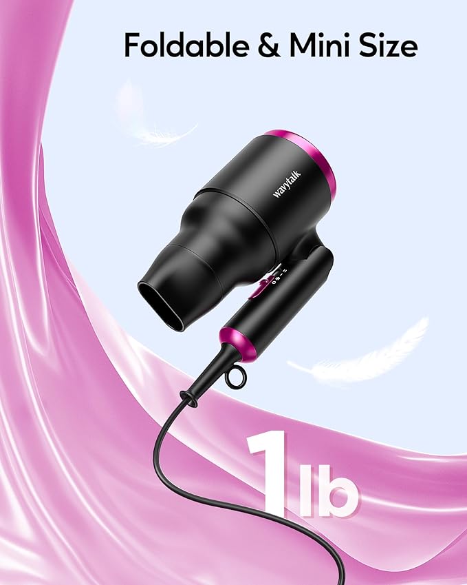 Wavytalk Hair Dryer with Diffuser, Foldable Hair Blow Dryer, 1600W Lightweight Diffuser Hair Dryer for Curly Hair, Black