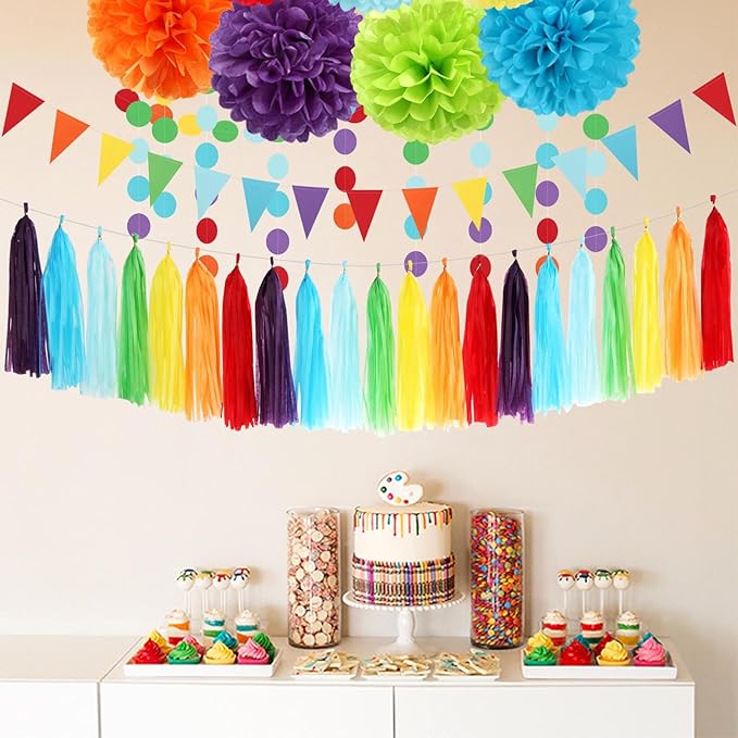 Rainbow Red-Orange Green-Blue Purple Party-Decorations - 30pcs Tissue Pom Poms Streamers, Colorful Theme Tassel Garland Banner, Boy Girl Kids Birthday Supplies,Baby Shower Wedding Decor Ouruola