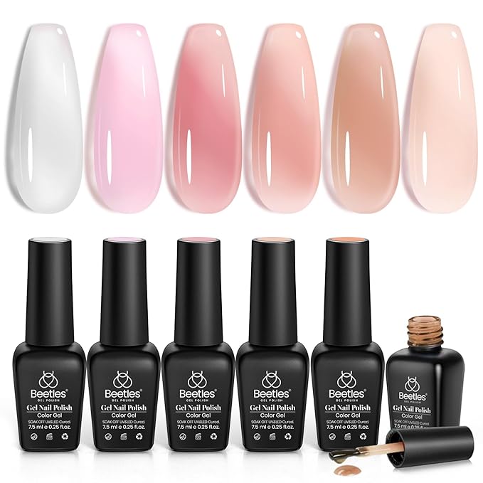 Beetles Jelly Gel Nail Polish Set, 6 Colors Nude Pink Gel Polish Kit Neutral Sheer Milky White Translucent Soak off UV French Nail Art Manicure Gift for Women Girls
